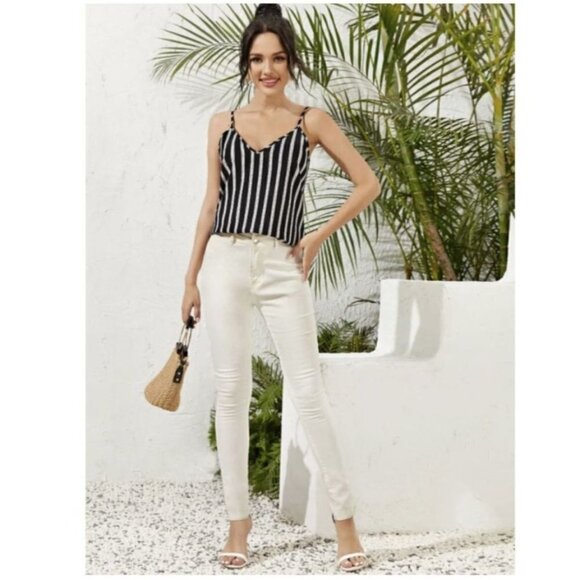 Shein Double V Neck Striped Strappy Spaghetti Sleeveless Blouse Cami Tank Top M - Picture 4 of 14